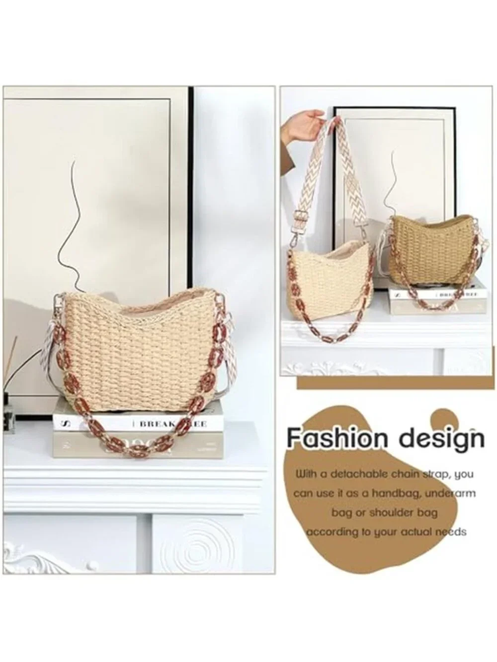 Straw Handbag Crossbody Pocketbook Bag Casual Woven Beach Summer Bag, Beige
